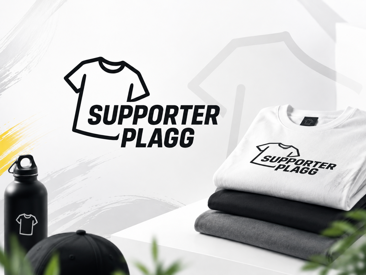Supporterplagg-loggan intill en stapel vikta t-shirts, en keps och en vattenflaska