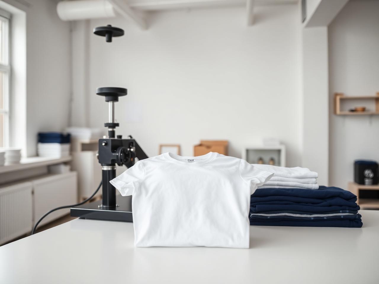 Professionell t-shirtpress i en ljus, modern tryckverkstad med vikta plagg